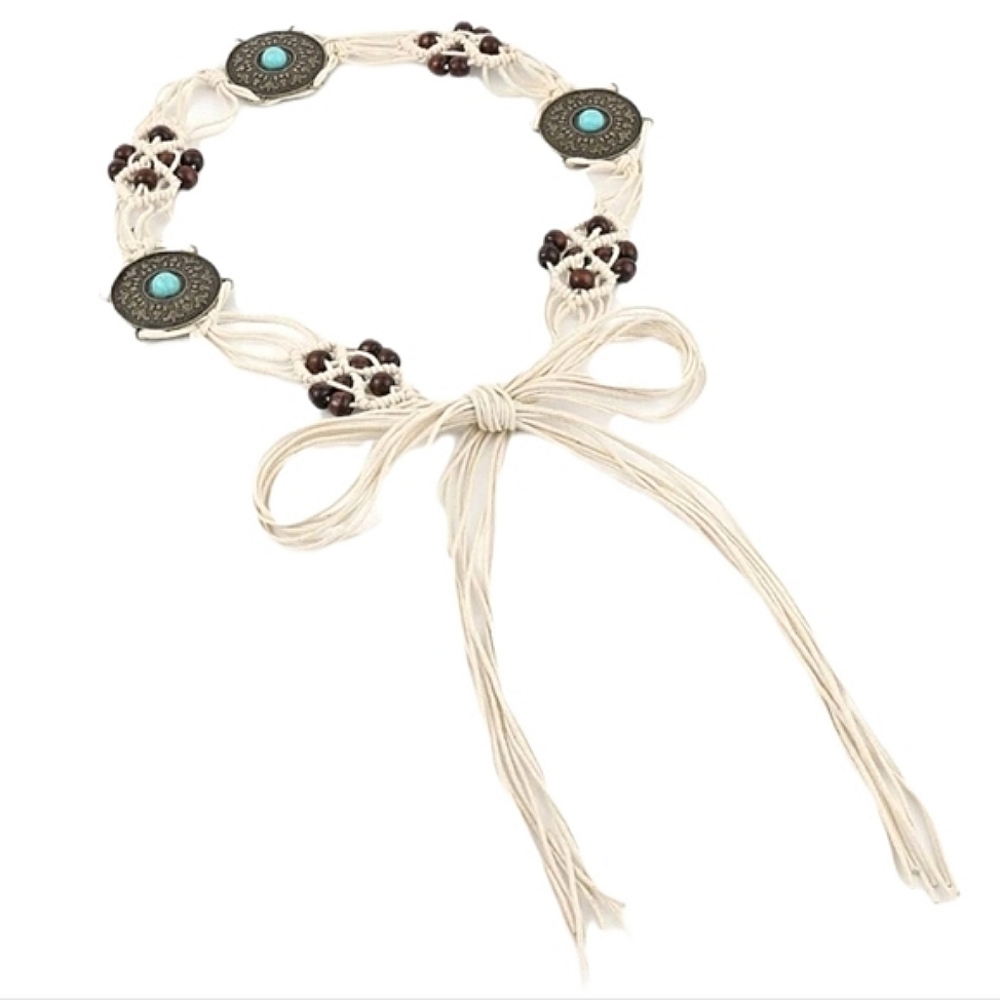 White Roped Medallion Self-Tie Waist Belt